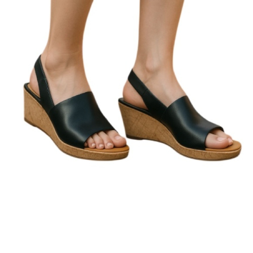 KORK-EASE Cork Wedge Sling-backs Navy Blue Leather Platform Open Toe Size 10